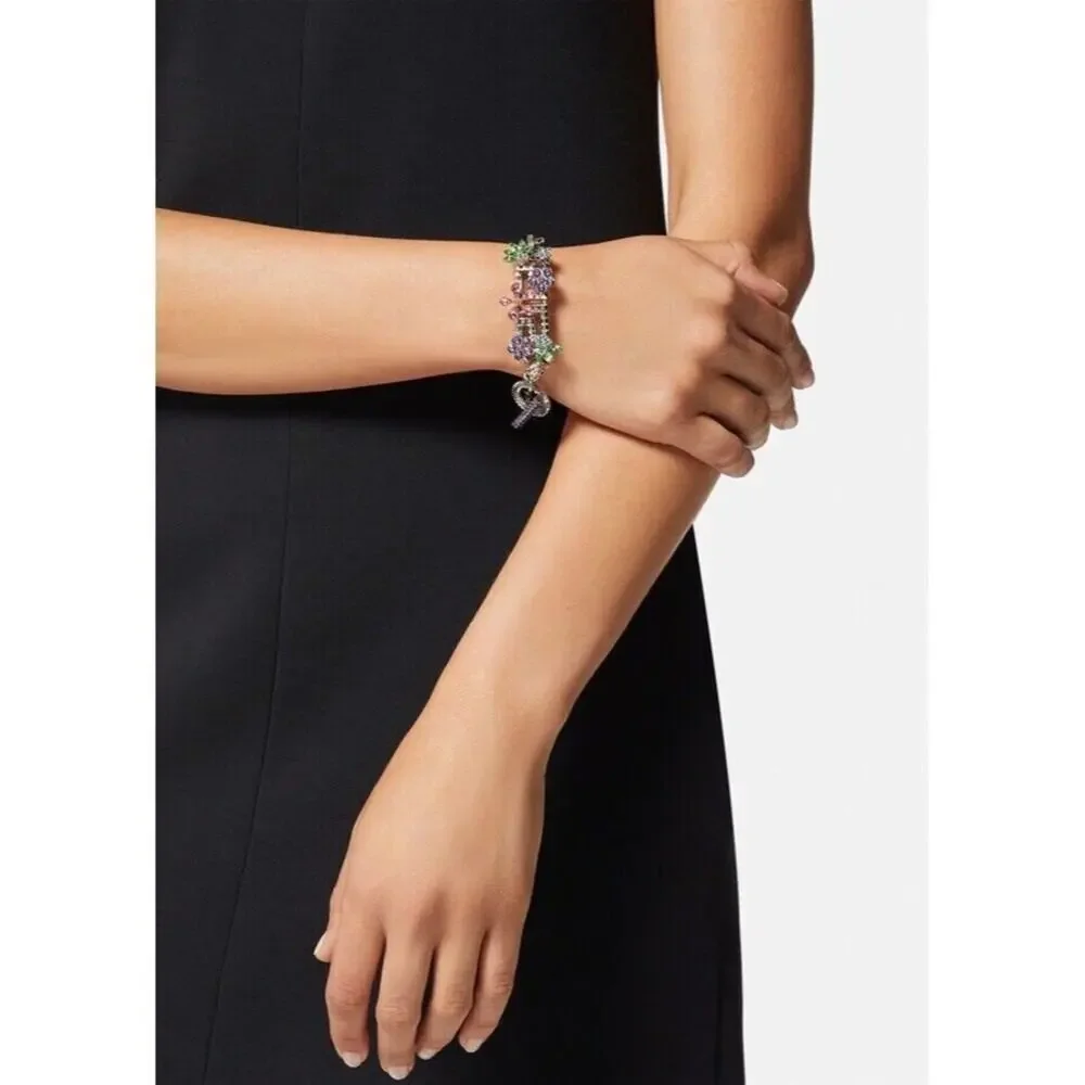 NIB Versace Multicolor Crystal Flower Bloom Greca Bracelet Silver Tone L $1,125